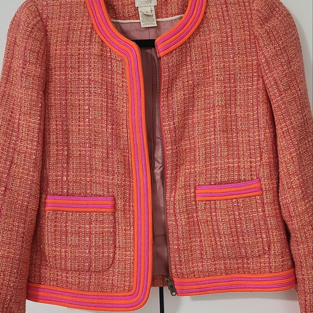 J Crew Tailored Fit Blazer Neon/zipper + piped pockets - tweed/boucle - size 4